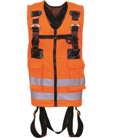 Celotelový postroj bezpečnostný FA1030300 s integrovanou reflexnou pracovnou vestou v oranžovej farbe.