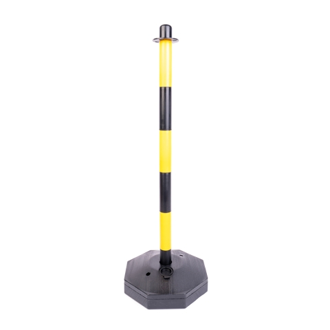 Bezpečnostný plastový stĺpik s podstavcom žlto čierny spoločne s plastovými reťazami slúžia na dočasné označenie